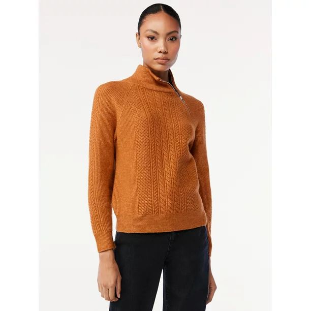 Scoop Women's Zip Neck Cable Sweater - Walmart.com | Walmart (US)