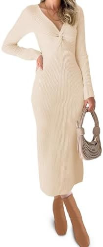 RAISECOM Womens Ribbed Knit Maxi Dresses Long Sleeve V Neck Casual Sweater Dress Bodycon Midi Dre... | Amazon (US)