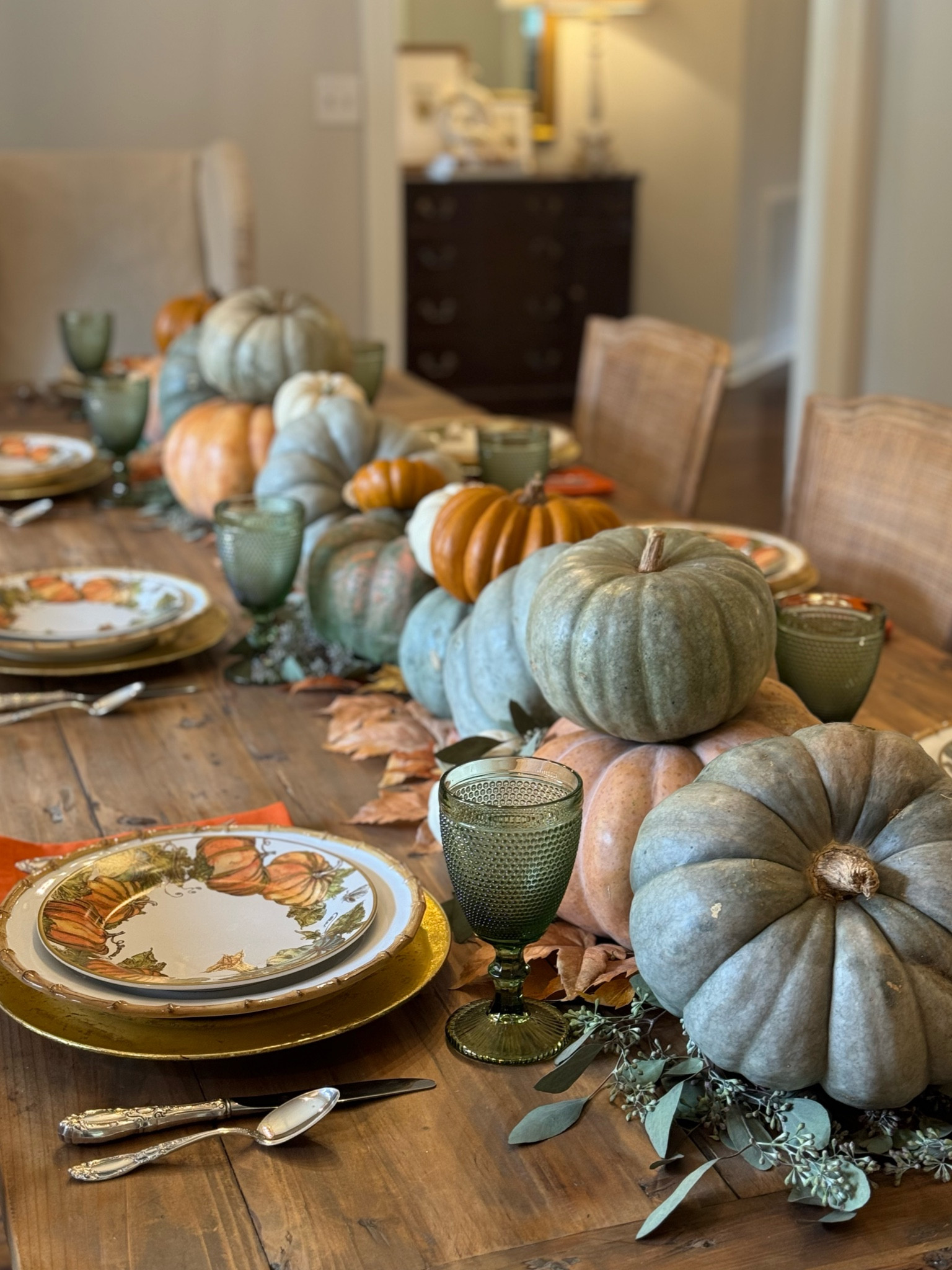 Thanksgiving Tablescape - pumpkins, thanksgiving, fall, leaves, gold chargers, pumpkin plates, juliska, thanksgiving tablescapes, thanksgiving table, thanksgiving centerpiece, pumpkin centerpiece, green glasses, green wine glasses 

#LTKHoliday #LTKfamily #LTKSeasonal