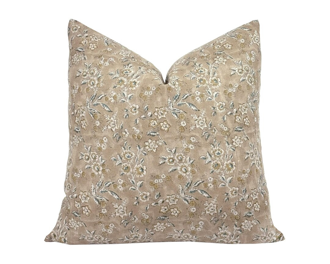 ELOWEN | Designer Sand Floral Linen Pillow Cover, Block Print Pillow, Neutral Floral Pillow, Tan ... | Etsy (US)