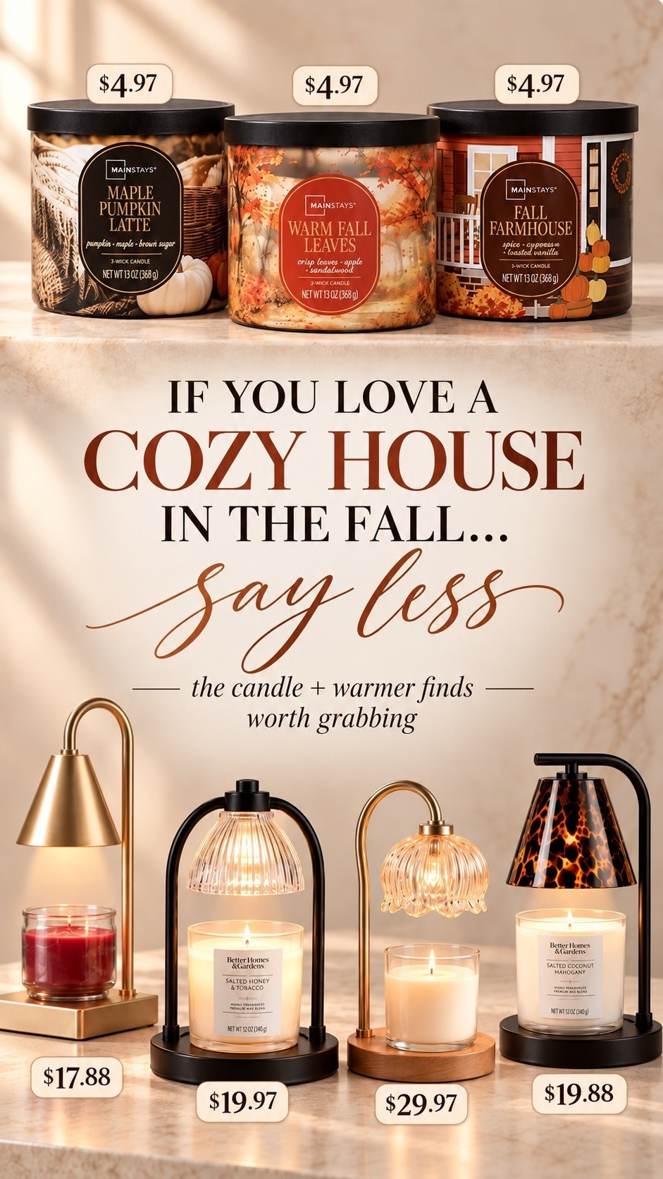 Cozy fall home finds that look way more expensive than they are 🍂 Candles are just $4.97 + these candle warmers start at $17.88. Such an easy way to make the house feel instantly cozier for fall.

#WalmartFinds #FallHome #CandleWarmer #FallDecor #LTKHome

#LTKSeasonal #LTKHome