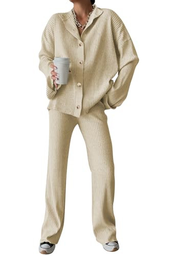 Cakulo Womens Lounge Sets 2 Piece Outfits 2025 Button Cardigan Knit Sweater Pants Loungewear Matching Set Cream White M | Amazon (US)