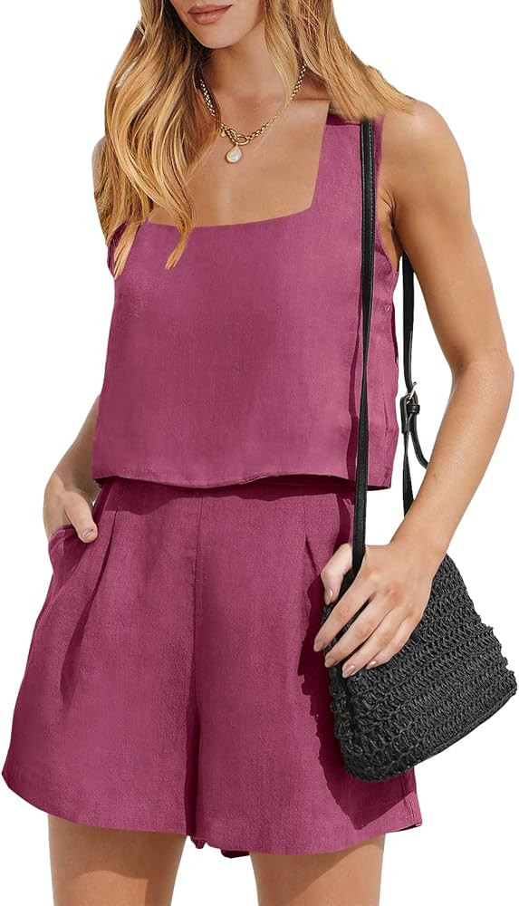 ANRABESS Womens 2 Piece Outfits Linen Crop Shorts Set 2024 Summer Vacation Beach Clothes Lounge M... | Amazon (US)
