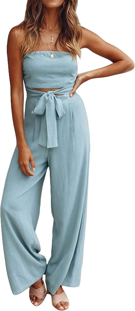 GGUHHU Womens Casual Strapless Wide Leg Jumpsuit High Waist Backless Rompers with Belt | Amazon (US)