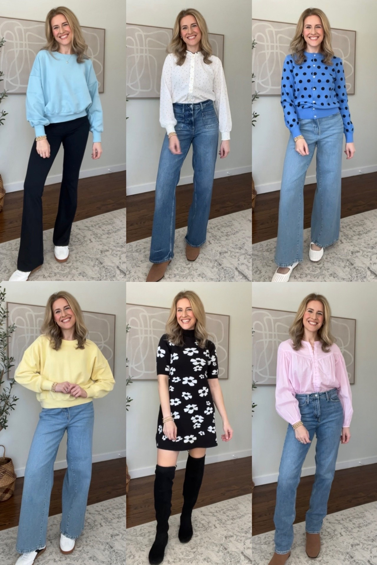 Walmart new arrivals! Colorful outfits to wear now into spring. I got my true size small in the white blouse and then sized up to medium in all the other tops (should have stayed tts small in the pink one, it’s oversized and a little see through). For the celebrity pink sweatshirts (yellow and blue) you can stay true to size or go up for an even more relaxed fit. Jeans fit tts I’m a six. #walmartfashion #oldnavy #kohls 