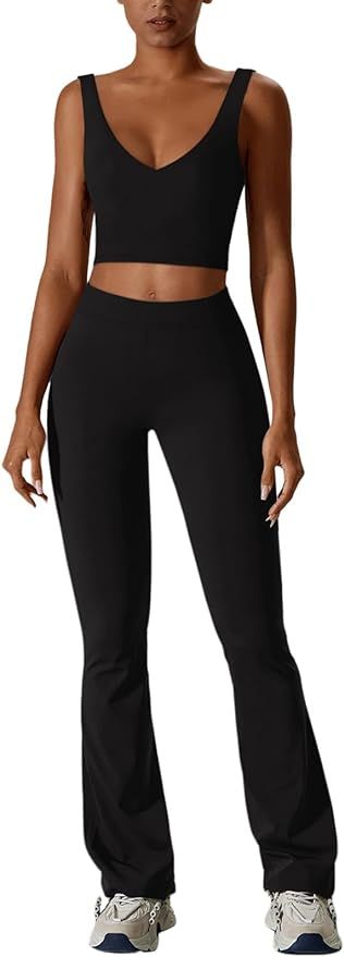 REORIA Womens 2 Piece Workout Sets Athleisure Brethable V Neck Tank Tops Stretchy Flare Pants Mat... | Amazon (US)