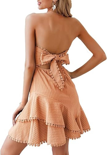 BerryGo Women's Strapless Ruffle A-line Dress Striped Tie Back Dress Orange S | Amazon (US)