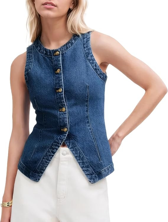D-Sun Women Denim Vest Sleeveless Crewneck Button Down Jean Waistcoat Casual Front Slit Slim Deni... | Amazon (US)
