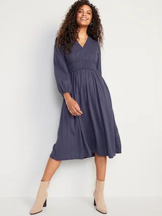 Waist-Defined Puff-Sleeve Smocked Midi Dress for Women | Old Navy (US)