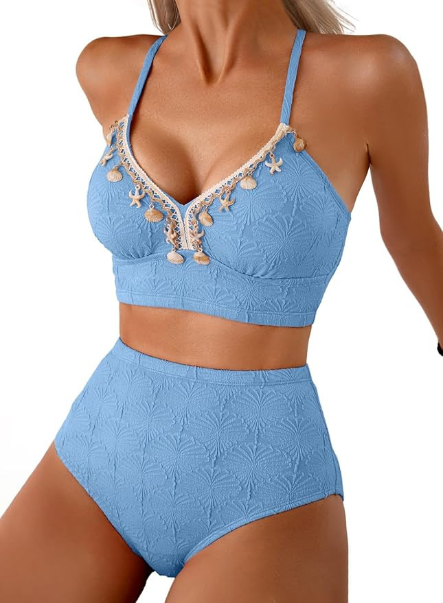 Herseas Women's Seashell Textured Bikini Sets Stitching Ribbon Shell Decoration Swimsuits High Wa... | Amazon (US)