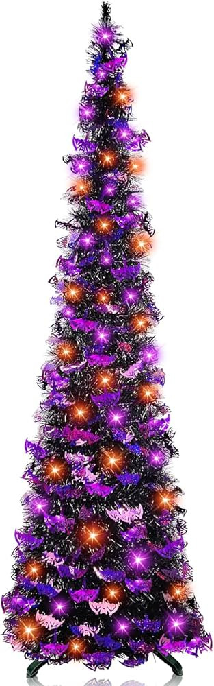 [Orange & Purple Lights] 5 Ft Lighted Halloween Tree Decor with Timer DIY 50 LED Bats Sequins Bat... | Amazon (US)
