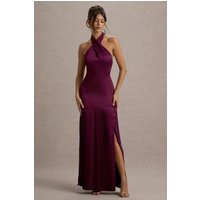 Sansa | Burgundy Satin Cross Halter-Neck Plisse Maxi Dress | Club L London