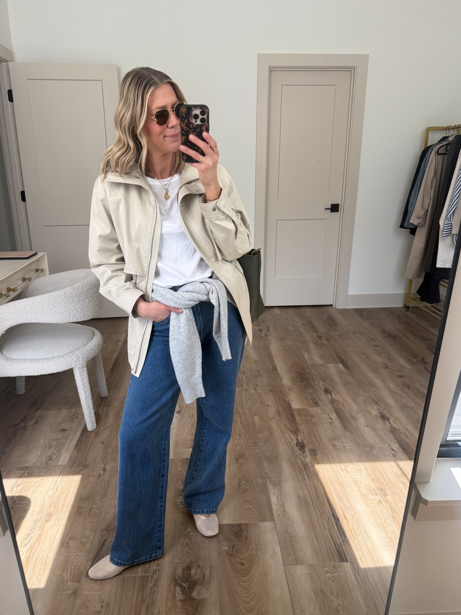 Wearing 25 jeans, small tee, xs jacket, small sweater, flats tts 

#LTKOver40 #LTKgrwm #LTKootd