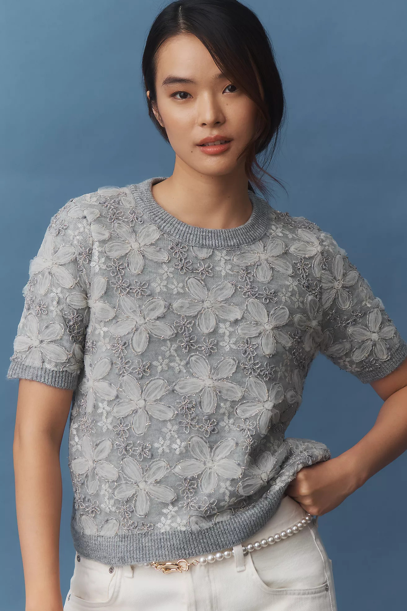 By Anthropologie 3D Floral Embellished Sweater Tee | Anthropologie (US)