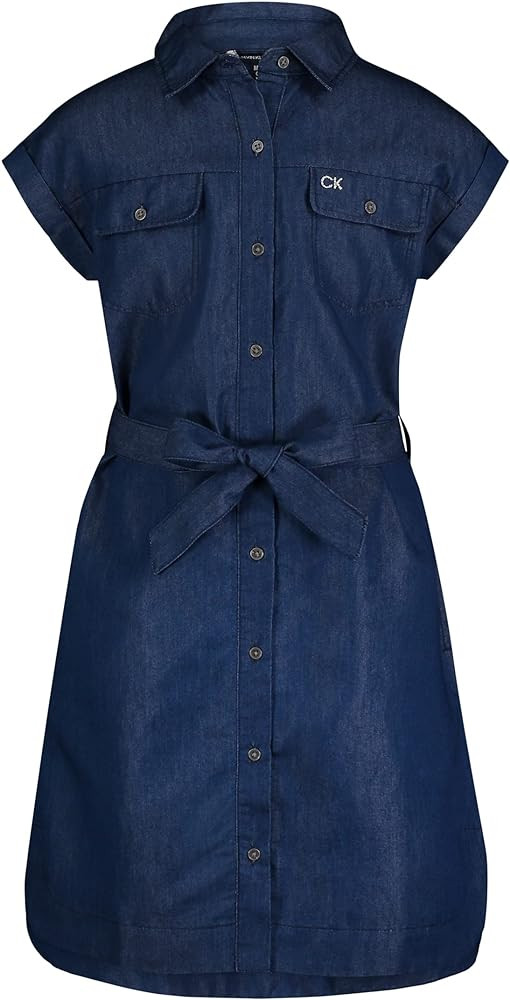Calvin Klein Girls' Short Sleeve Shirt Dress, Chambray & Dark Denim Colors | Amazon (US)