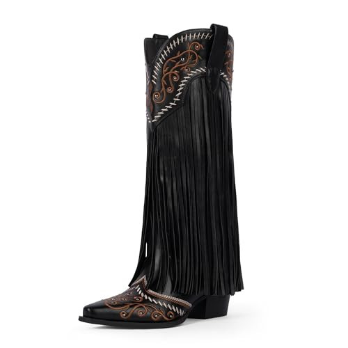 Modatope Black Cowboy Knee High Boots Western Cowboy Fringe Boots Women Embroidered Cowgirl Boots Size 9 | Amazon (US)