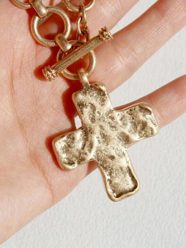 Hammered Bold Cross Necklace Thick Chain Set For Women Men Chunky Golden Silvery Statement Pendant Necklace Vintage Chain Pendant Jewelry | SHEIN