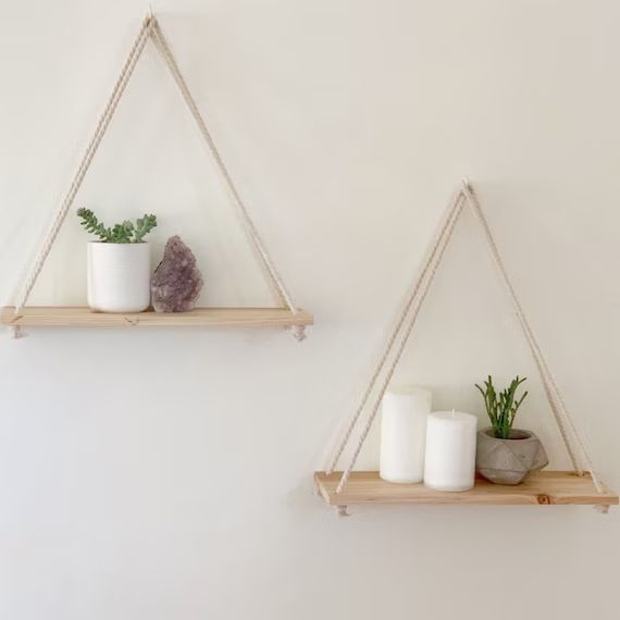 Hanging Shelves Wall Floating Shelf [Set of 2 w/ Hooks] Reclaimed Wood Macrame Rope Triangle Plan... | Etsy (US)