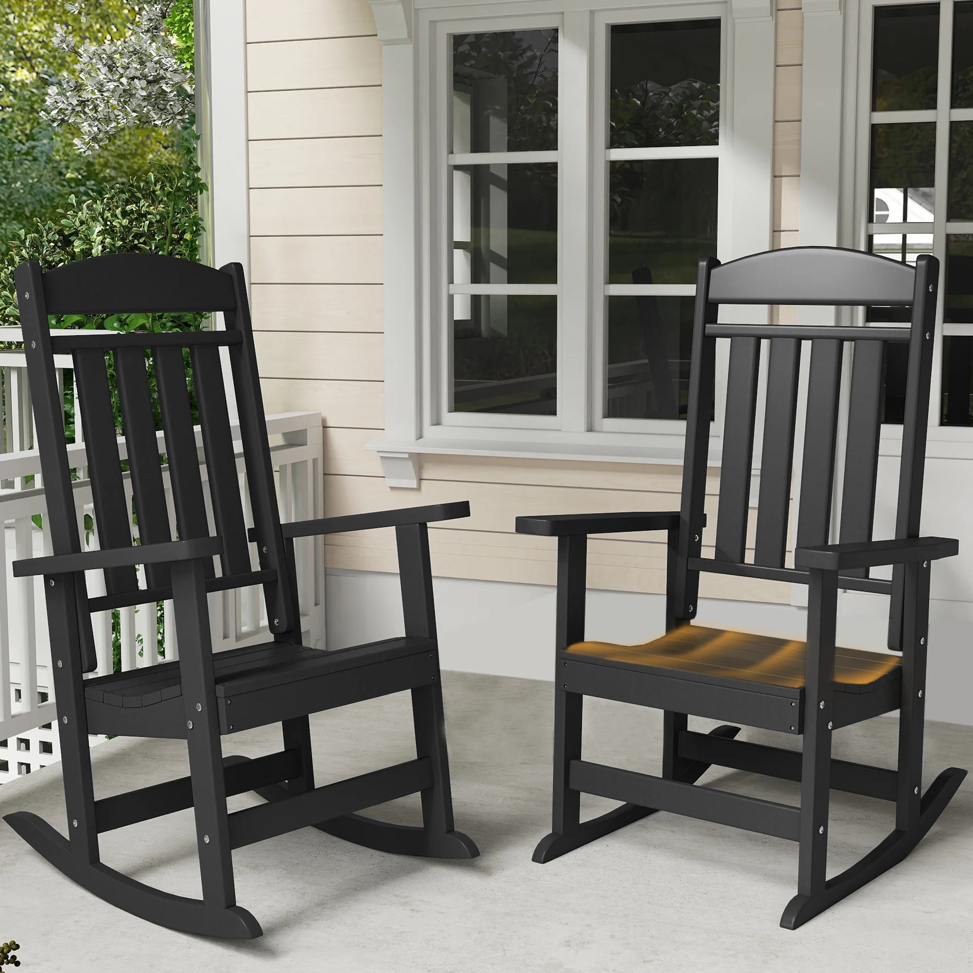 Patio Slat Rocking Chair Set of 2, HDPE Plastic Weather Resistant Porch Rocker,Black | Walmart (US)