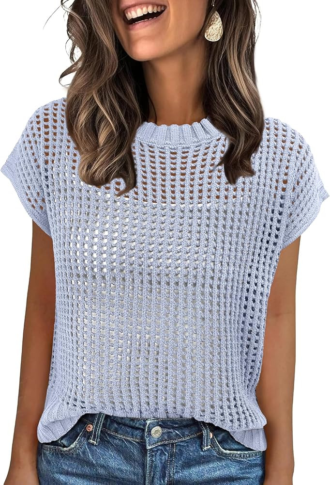 ANRABESS Women\u2019s Tops 2026 Trendy Summer Shirts Crochet Cap Sleeve Knitted Sweater Spring Be... | Amazon (US)