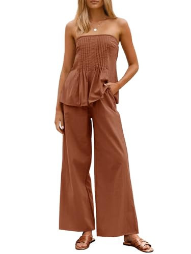 Tankaneo Womens 2 Piece Outfits Summer Strapless Tube Tops Wide Leg Pants Cotton Vacation Pleated Matching Lounge Set | Amazon (US)
