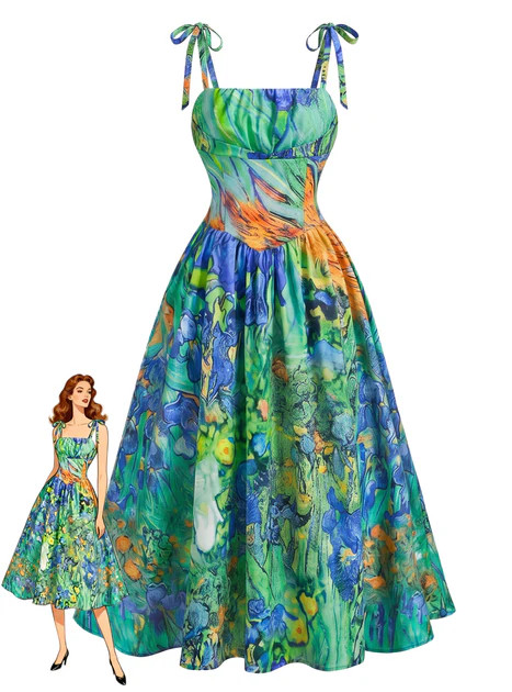 Green 1950s Iris Oil Painting Spaghetti Strap Dress | Retro Stage