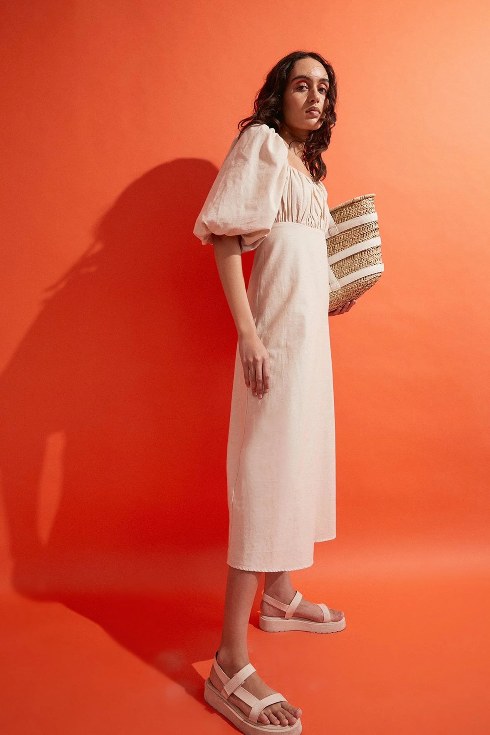 Cotton Puff Sleeve Ruched Bodice Midi Dress | Warehouse UK & IE