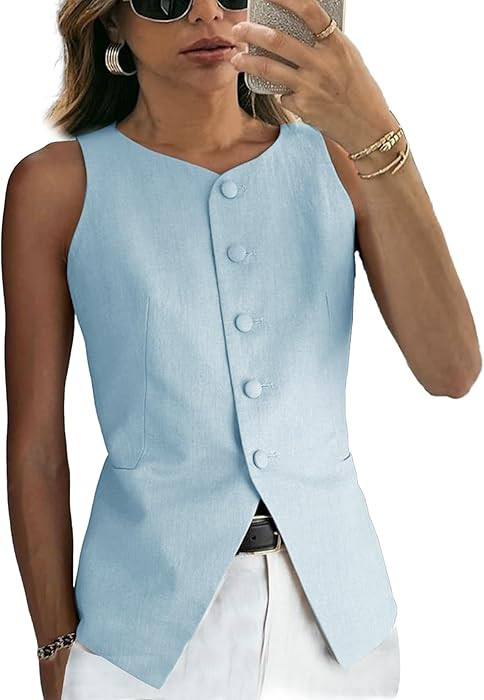 Women's Linen Waistcoat Slim Fit 5 Button Dressy Suit Vest V-Neck Sleeveless Jackets | Amazon (US)