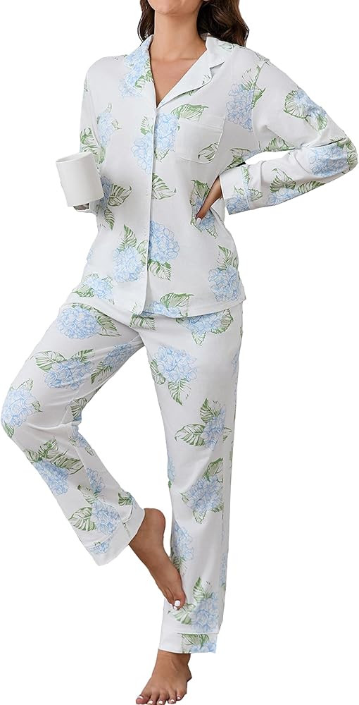 LUBOT 100% Cotton Pajamas for Women PJ Set Soft Button-Down 2 Piece Set Knitted Long Sleeve Sleep... | Amazon (US)