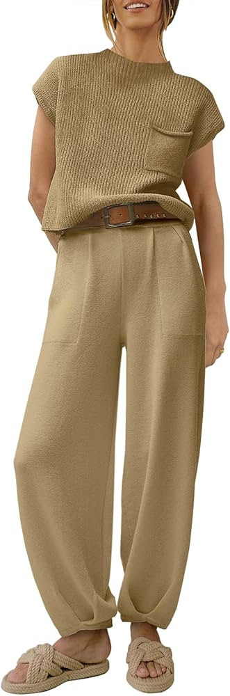 ANRABESS Women's Two Piece Outfits Sweater Sets Knit Pullover Tops and High Waisted Pants Tracksu... | Amazon (US)