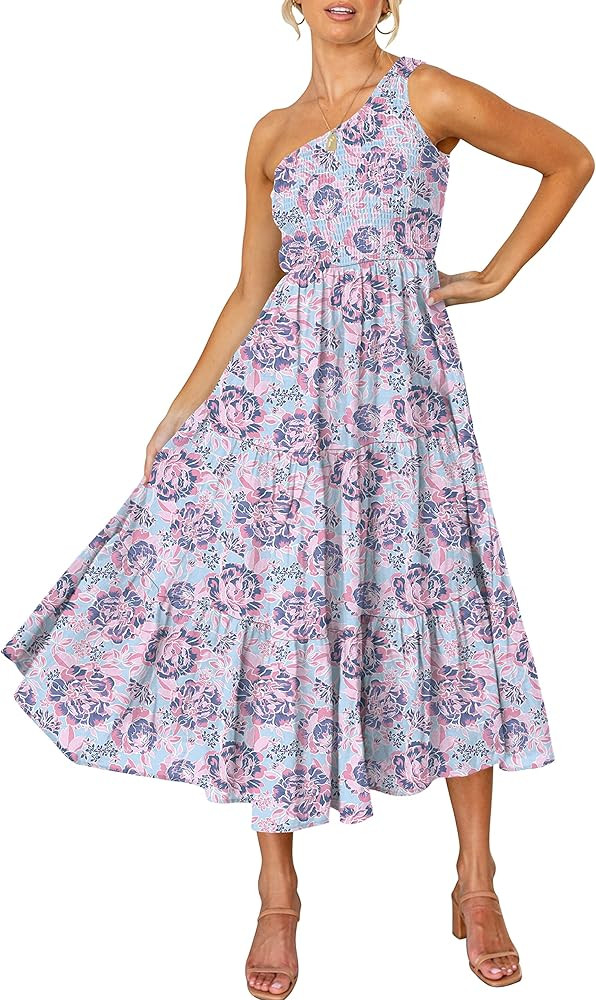 ANRABESS Women's 2024 Summer Bohemian One Shoulder Sleeveless Smocked Ruffle Tiered Beach Maxi Su... | Amazon (US)