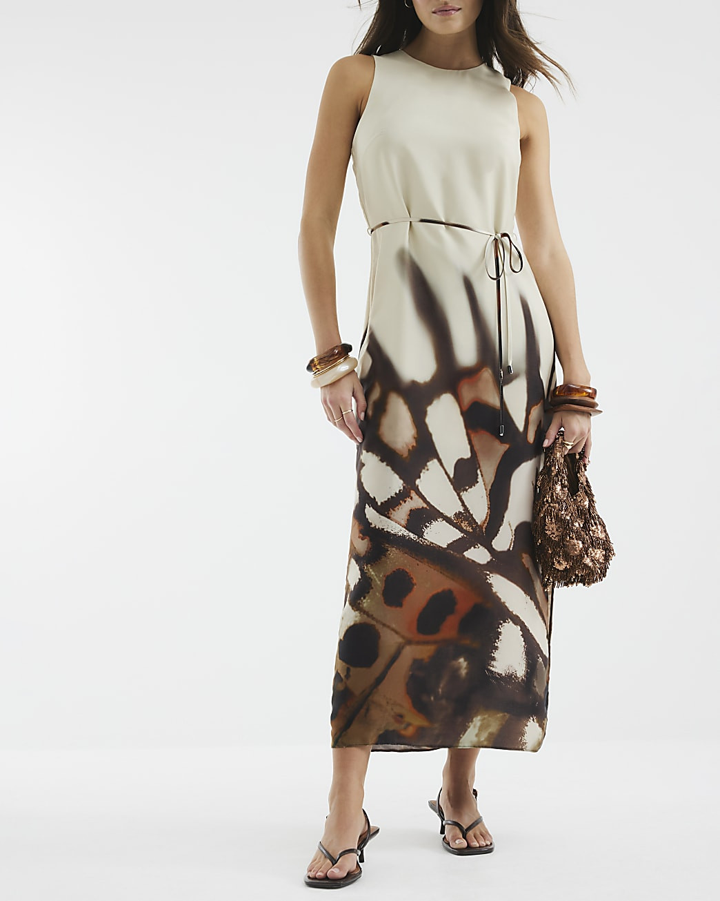 Cream Abstract Print Slip Midi Dress | River Island UK & IE