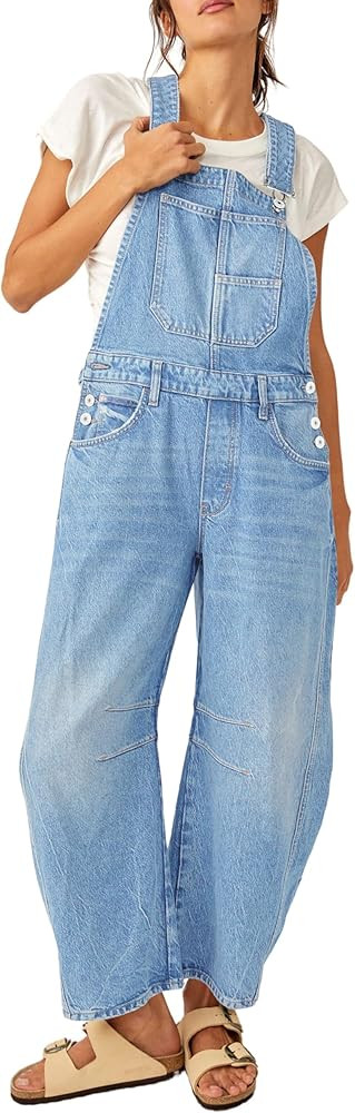 PLNOTME Womens Denim Bib Overalls Barrel Leg Adjustable Strap Jean Pants Jumpsuits with Pockets | Amazon (US)
