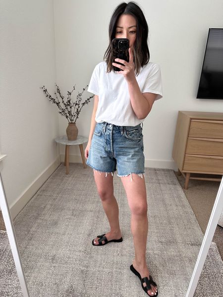 AGOLDE Parker Long Shorts. Run TTS, but I would size up. Don’t love the flare/large leg opening on me. I prefer a 3” inseam on my petite frame  

Color: Wheel
Inseam 4”
Size: 24

Tee - Everlane medium 
Sandals - Hermes 35

#LTKunder100 #LTKstyletip