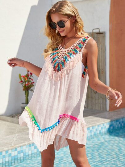 Tied Backless Pom Pom Ruffle Hem Cover Up Without Bikini | SHEIN