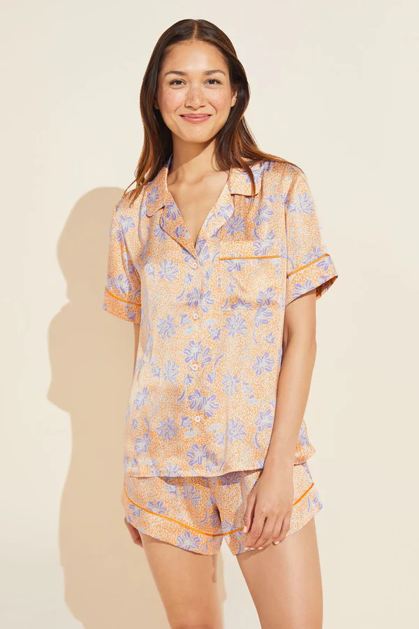 Inez Washable Silk Printed Short PJ Set - Blossom Bright Orange/Bright Orange | Eberjey
