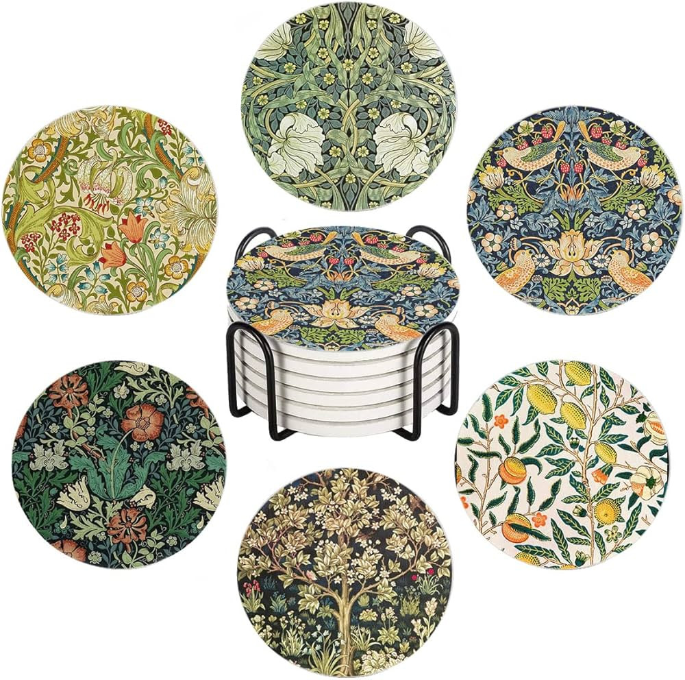 HUXJOKO Coasters for Drinks Set of 6,William Morris Floral Pattern Absorbent Ceramic Coaster,Roun... | Amazon (US)
