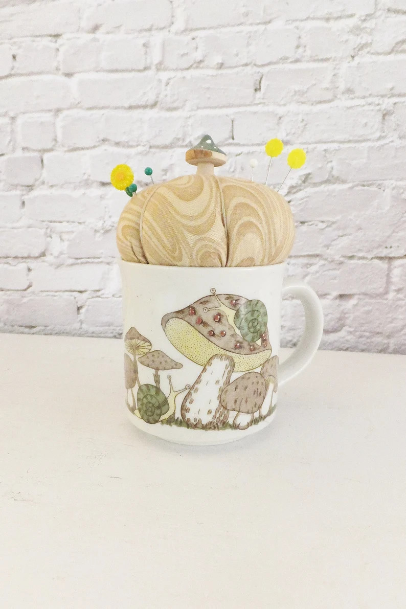 Retro Mushroom Pincushion in Soft Brown & Green Wooden Mushroom Trippy Swirl Fabric Shrooms and S... | Etsy (US)