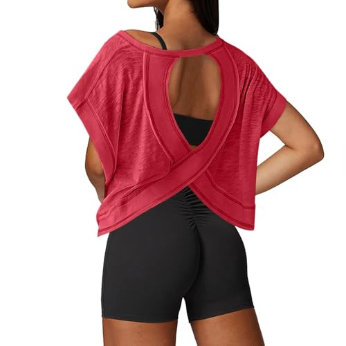 UNIANKIYA Open Back Workout Tops for Women Loose Fit Athletic Crop Tee Short Sleeve Gym Running Yoga Shirt Red | Amazon (US)