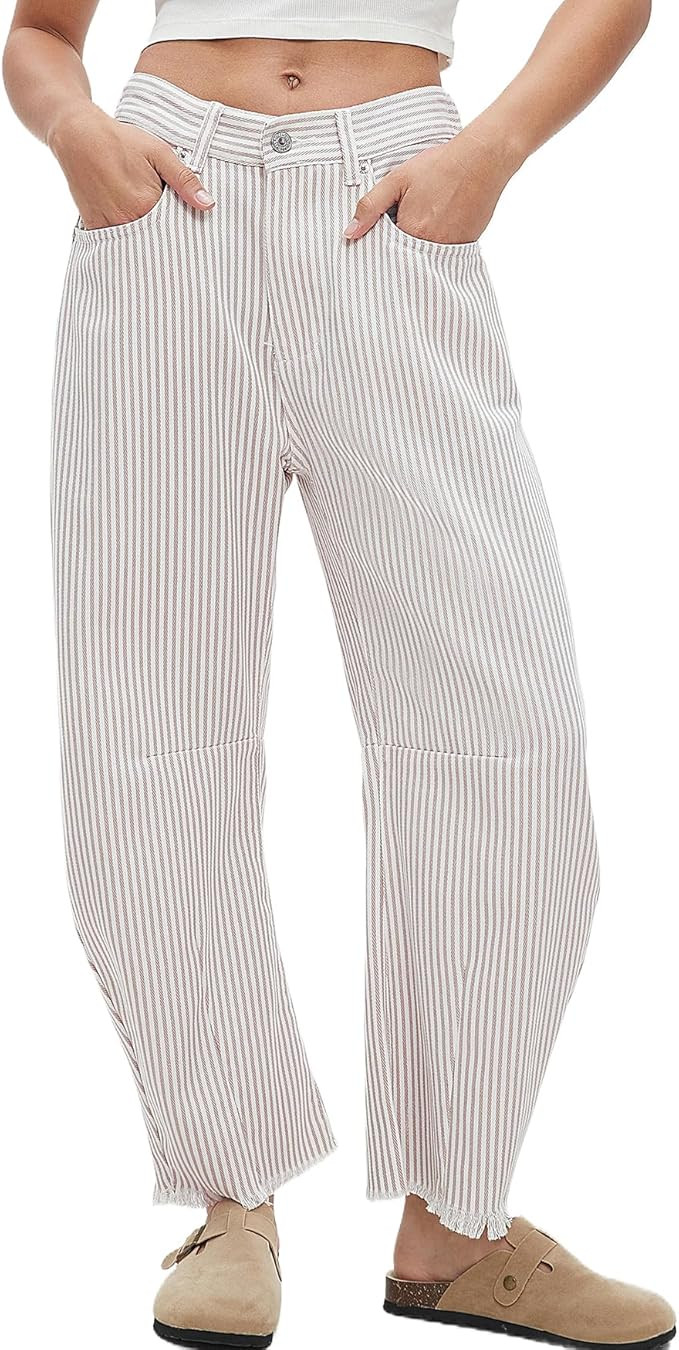 Kedera Women Stripe Barrel Jeans Casual Loose Denim Jeans Wide Leg Baggy Pants Mid Waist Boyfrien... | Amazon (US)