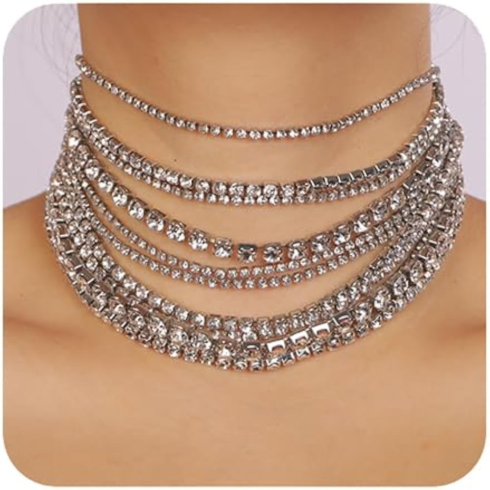 Chargances Boho Layered Shiny Rhinestone Necklace Statement Crystal Chain Choker Trendy Tennis Ch... | Amazon (US)