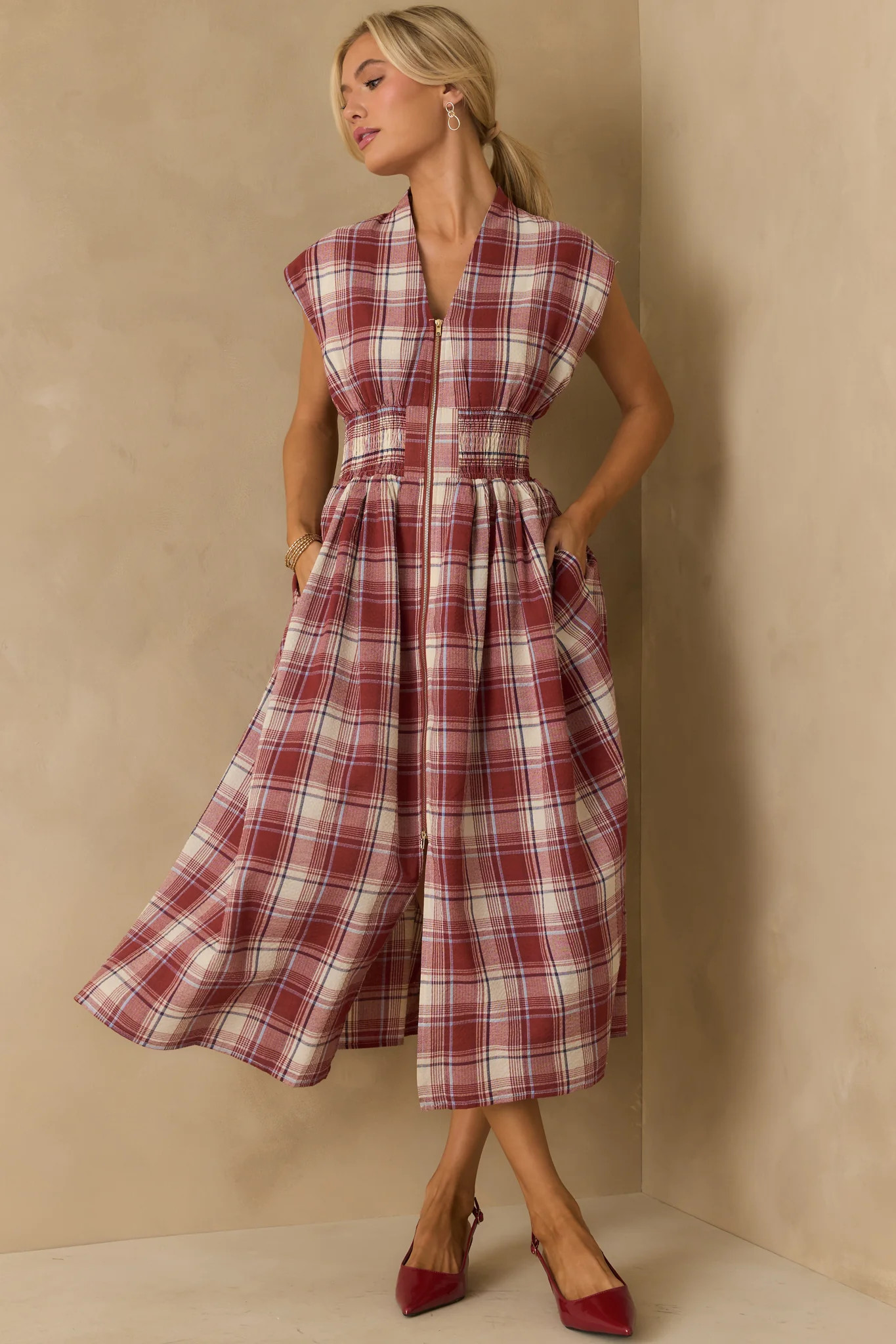 The Evette Red Tartan Plaid Cotton Zip Front Midi Dress | Red Dress