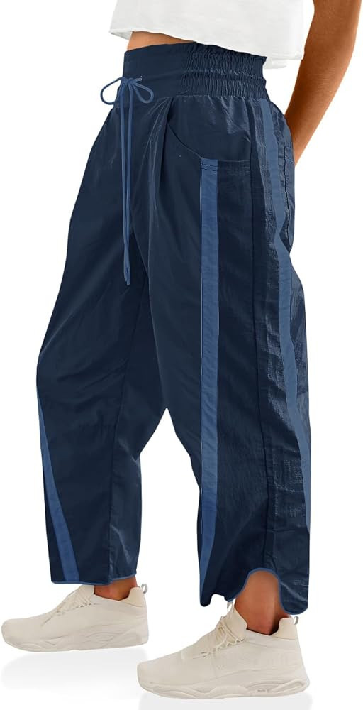 Womens Pants Baggy Wide Leg Casual Workout Elastic Waisted Stripes Track Pockets Y2K Barrel Trend... | Amazon (US)