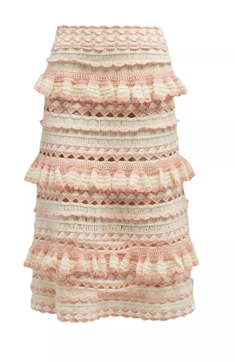 Zimmermann Clover Crochet Midi Skirt | Baby Pink/Cream, Cotton, Lined, Tiered | eBay US