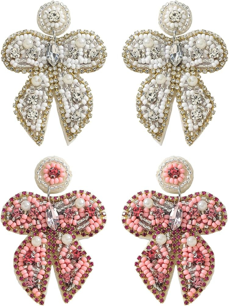 2 Pair Bohemian Bow Beaded Earrings Set for Women, Boho Handmade Round Hook Dangle Earring with R... | Amazon (US)