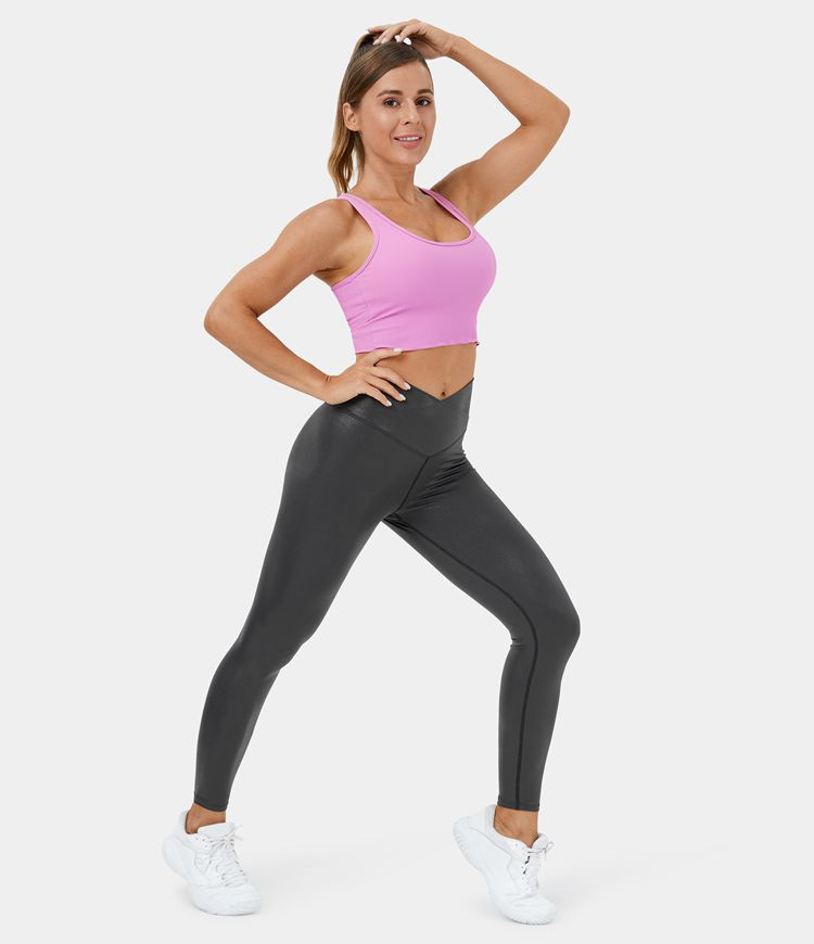 Women’s Cloudful™ Shine Fabric Crossover Back Pocket Foil Print Stretchy Yoga Faux Leather Le... | HALARA