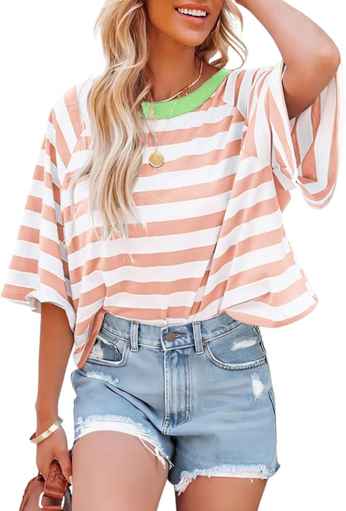 Dokotoo Tops for Women Striped 2026 Fashion T Shirts for Women Color Block Crewneck Design Loose ... | Amazon (US)