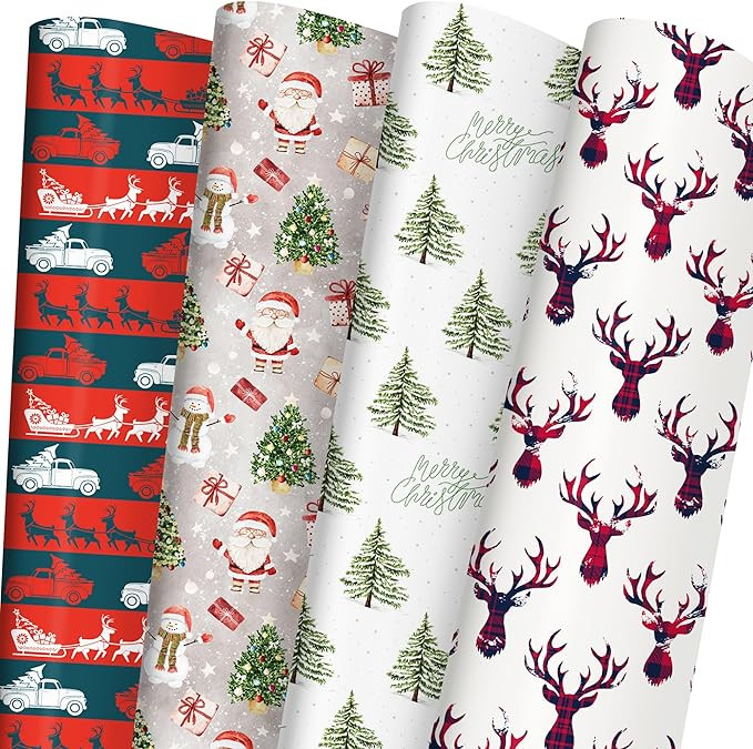 RiukRaiu Christmas Wrapping Paper for Kids Adults - Plaid Reindeer, Santa, Snowmen, Red/Green Rus... | Amazon (US)