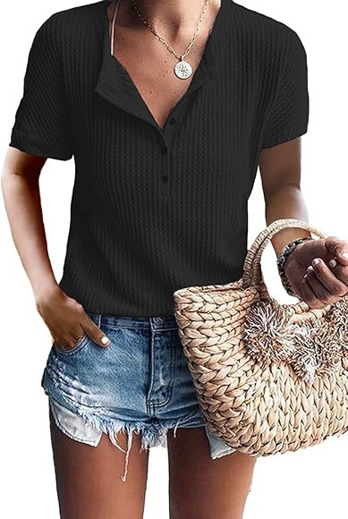 Womens Waffle Knit Tunic Tops Loose Long Sleeve Button Up V Neck Henley Shirts | Amazon (US)