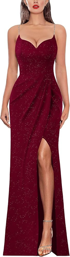 VFSHOW Womens Sexy Formal Ruched Fitted High Slit Bodycon Maxi Dress Spaghetti Strap Sweetheart C... | Amazon (US)